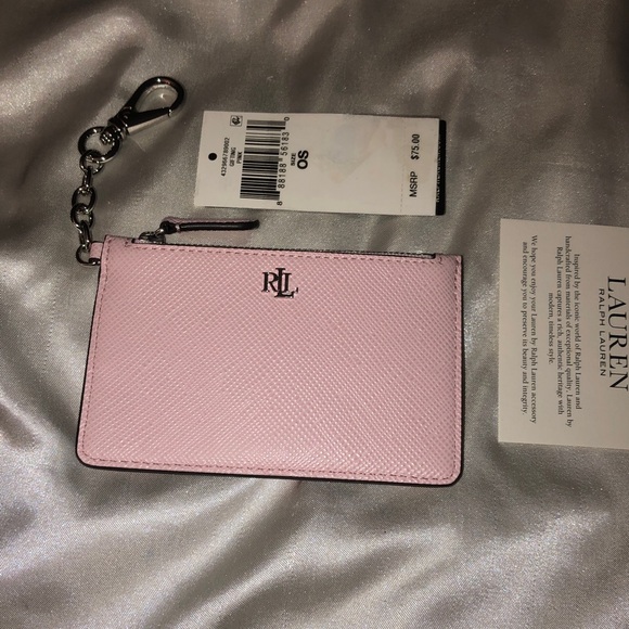 Lauren Ralph Lauren Hint Of Pink Crosshatch Leather Card Holder Zip Pocket NWT - Picture 1 of 12